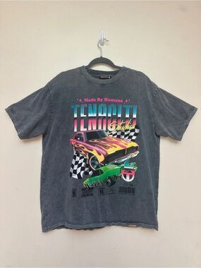 Tenaciti Studios Made By Humans Graphic Car Flame Acid Wash T-Shirt Gray Large